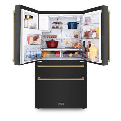 ZLINE Autograph Edition 36 in. 21.6 cu. ft Counter-Depth French Door Refrigerator with Water and Ice Dispenser in Fingerprint-Resistant Black Stainless Steel with Champagne Bronze Traditional Handles (RFMZ-W-36-BS-CB)