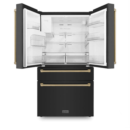 ZLINE Autograph Edition 36 in. 21.6 cu. ft Counter-Depth French Door Refrigerator with Water and Ice Dispenser in Fingerprint-Resistant Black Stainless Steel with Champagne Bronze Traditional Handles (RFMZ-W-36-BS-CB)