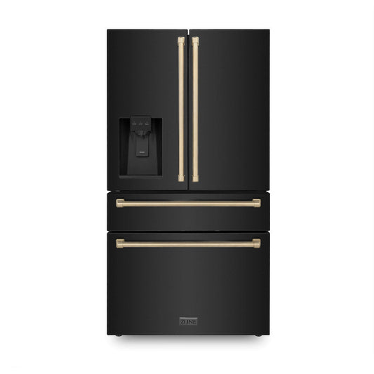 ZLINE Autograph Edition 36 in. 21.6 cu. ft Counter-Depth French Door Refrigerator with Water and Ice Dispenser in Fingerprint-Resistant Black Stainless Steel with Champagne Bronze Traditional Handles (RFMZ-W-36-BS-CB)