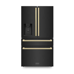 ZLINE Autograph Edition 36 in. 21.6 cu. ft. Counter-Depth French Door Refrigerator with Water and Ice Dispenser in Fingerprint-Resistant Black Stainless Steel with Champagne Bronze Modern Handles (RFMZ-W36-BS-FCB)