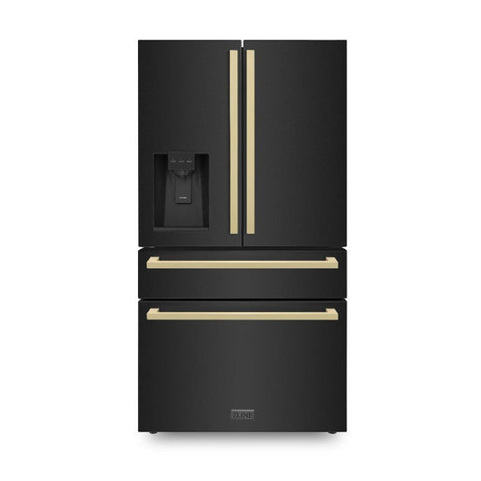 ZLINE Autograph Edition 36 in. 21.6 cu. ft. Counter-Depth French Door Refrigerator with Water and Ice Dispenser in Fingerprint-Resistant Black Stainless Steel with Champagne Bronze Modern Handles (RFMZ-W36-BS-FCB)