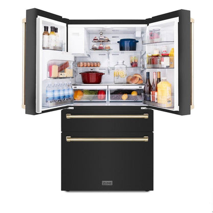 ZLINE Autograph Edition 36 in. 21.6 cu. ft. Counter-Depth French Door Refrigerator with Water and Ice Dispenser in Fingerprint-Resistant Black Stainless Steel with Polished Gold Traditional Handles (RFMZ-W-36-BS-G)
