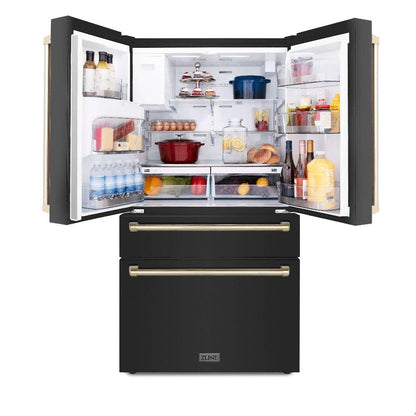 ZLINE Autograph Edition 30 in. Kitchen Package with Black Stainless Steel Dual Fuel Range, Range Hood, Dishwasher, and Refrigerator with External Water Dispenser with Polished Gold Accents (4AKPR-RABRHDWV30-G)