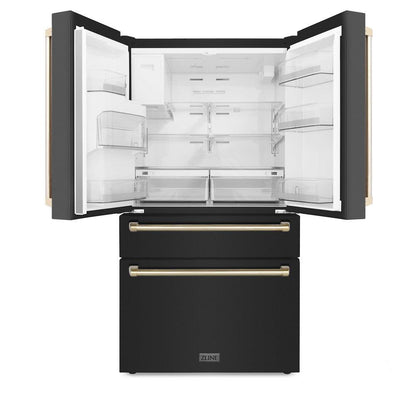 ZLINE Autograph Edition 36 in. 21.6 cu. ft. Counter-Depth French Door Refrigerator with Water and Ice Dispenser in Fingerprint-Resistant Black Stainless Steel with Polished Gold Traditional Handles (RFMZ-W-36-BS-G)