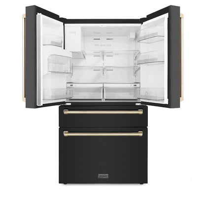 ZLINE Autograph Edition 30 in. Kitchen Package with Black Stainless Steel Dual Fuel Range, Range Hood, Dishwasher, and Refrigerator with External Water Dispenser with Polished Gold Accents (4AKPR-RABRHDWV30-G)