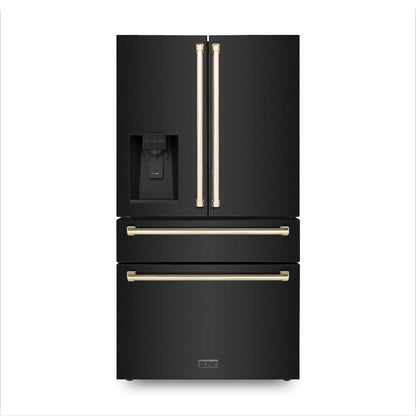 ZLINE Autograph Edition 30 in. Kitchen Package with Black Stainless Steel Dual Fuel Range, Range Hood, Dishwasher, and Refrigerator with External Water Dispenser with Polished Gold Accents (4AKPR-RABRHDWV30-G)