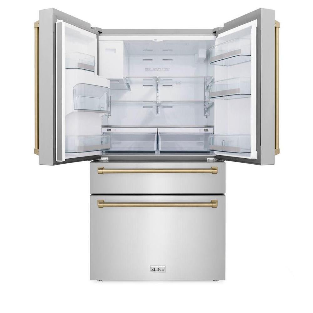 ZLINE Autograph Edition 36 in. 21.6 cu. ft. Counter-Depth French Door Refrigerator with Water and Ice Dispenser in Fingerprint-Resistant Stainless Steel with Champagne Bronze Traditional Handles (RFMZ-W-36-CB)