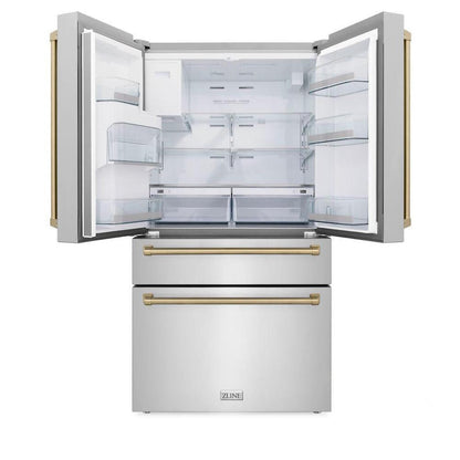ZLINE Autograph Edition 36 in. 21.6 cu. ft. Counter-Depth French Door Refrigerator with Water and Ice Dispenser in Fingerprint-Resistant Stainless Steel with Champagne Bronze Traditional Handles (RFMZ-W-36-CB)