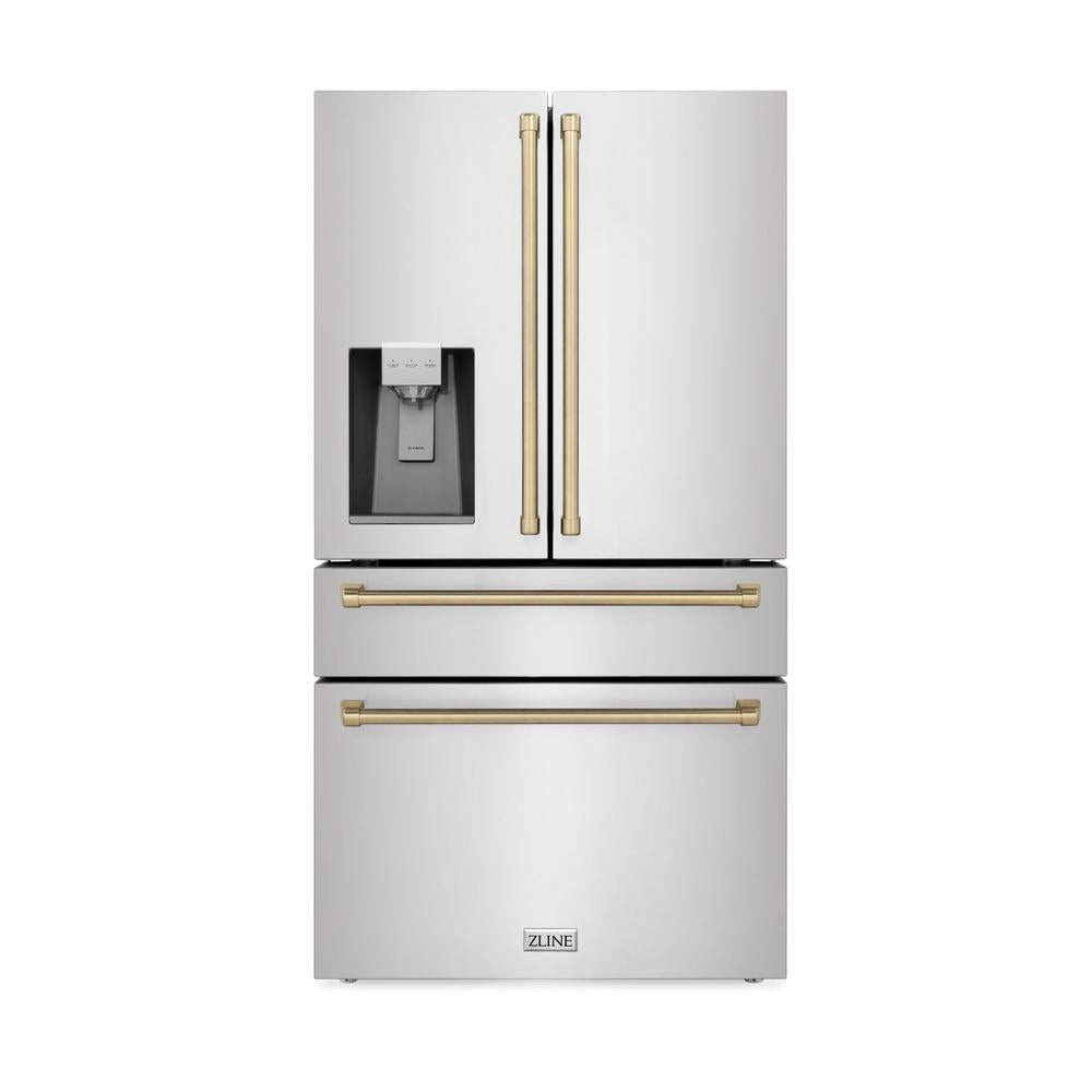 ZLINE Autograph Edition 36 in. Kitchen Package with Stainless Steel Dual Fuel Range, Range Hood, Dishwasher and Refrigerator Including External Water Dispenser with Champagne Bronze Accents (4AKPR-RARHDWM36-CB)