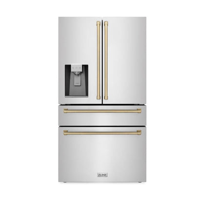 ZLINE Autograph Edition 36 in. Kitchen Package with Stainless Steel Dual Fuel Range, Range Hood, Dishwasher and Refrigerator Including External Water Dispenser with Champagne Bronze Accents (4AKPR-RARHDWM36-CB)
