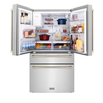 ZLINE Autograph Edition 36 in. 21.6 cu. ft. Counter-Depth French Door Refrigerator with Water and Ice Dispenser in Fingerprint-Resistant Stainless Steel with Polished Gold Traditional Handles (RFMZ-W-36-G)