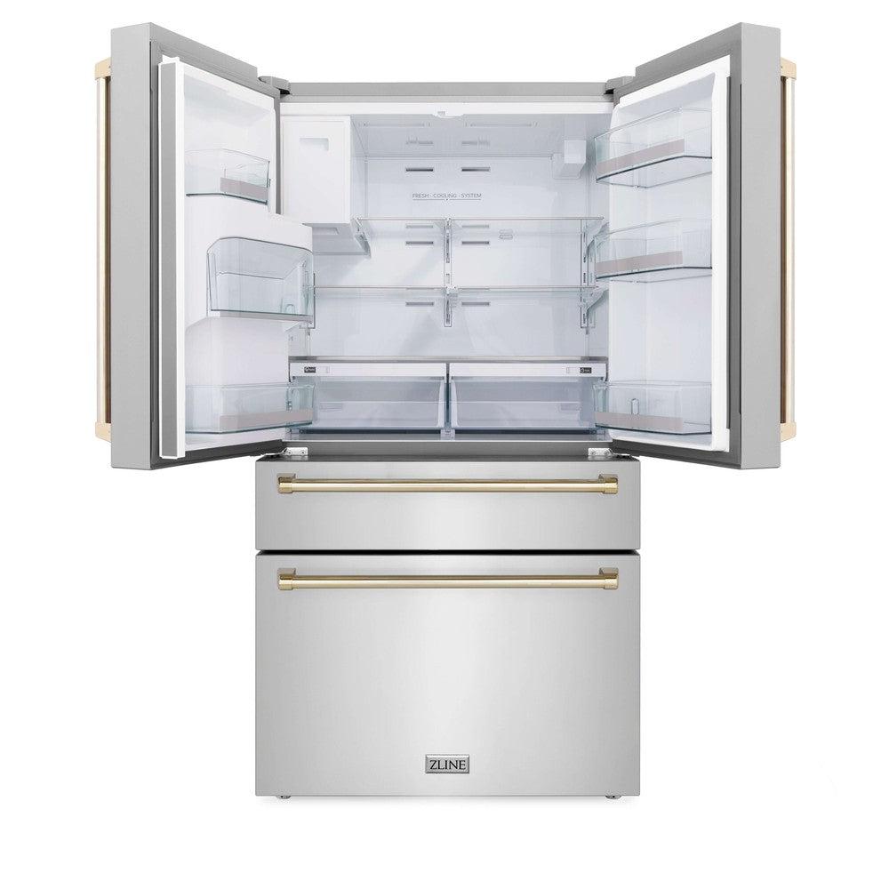 ZLINE Autograph Edition 36 in. 21.6 cu. ft. Counter-Depth French Door Refrigerator with Water and Ice Dispenser in Fingerprint-Resistant Stainless Steel with Polished Gold Traditional Handles (RFMZ-W-36-G)