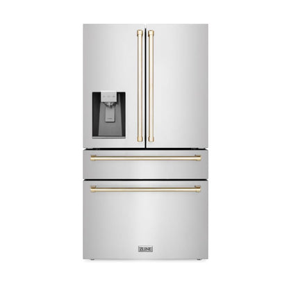 ZLINE Autograph Edition 36 in. Kitchen Package with Stainless Steel Dual Fuel Range, Range Hood, Dishwasher and Refrigerator Including External Water Dispenser with Polished Gold Accents (4AKPR-RARHDWM36-G)