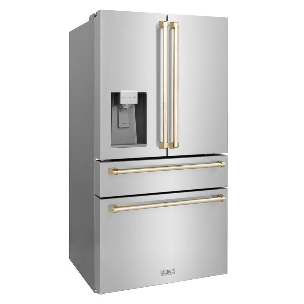 ZLINE Autograph Edition 36 in. 21.6 cu. ft. Counter-Depth French Door Refrigerator with Water and Ice Dispenser in Fingerprint-Resistant Stainless Steel with Polished Gold Traditional Handles (RFMZ-W-36-G)