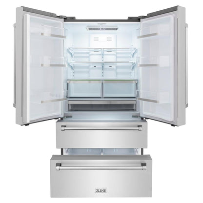 ZLINE Kitchen Package with 36 in. French Door Refrigerator, 48 in. Dual Fuel Range, 48 in. Range Hood, 24 in. Microwave Drawer, 24 in. Tall Tub Dishwasher and 24 in. Wine Cooler in Stainless Steel (6KPR-RARH48-MWDWV-RWV)