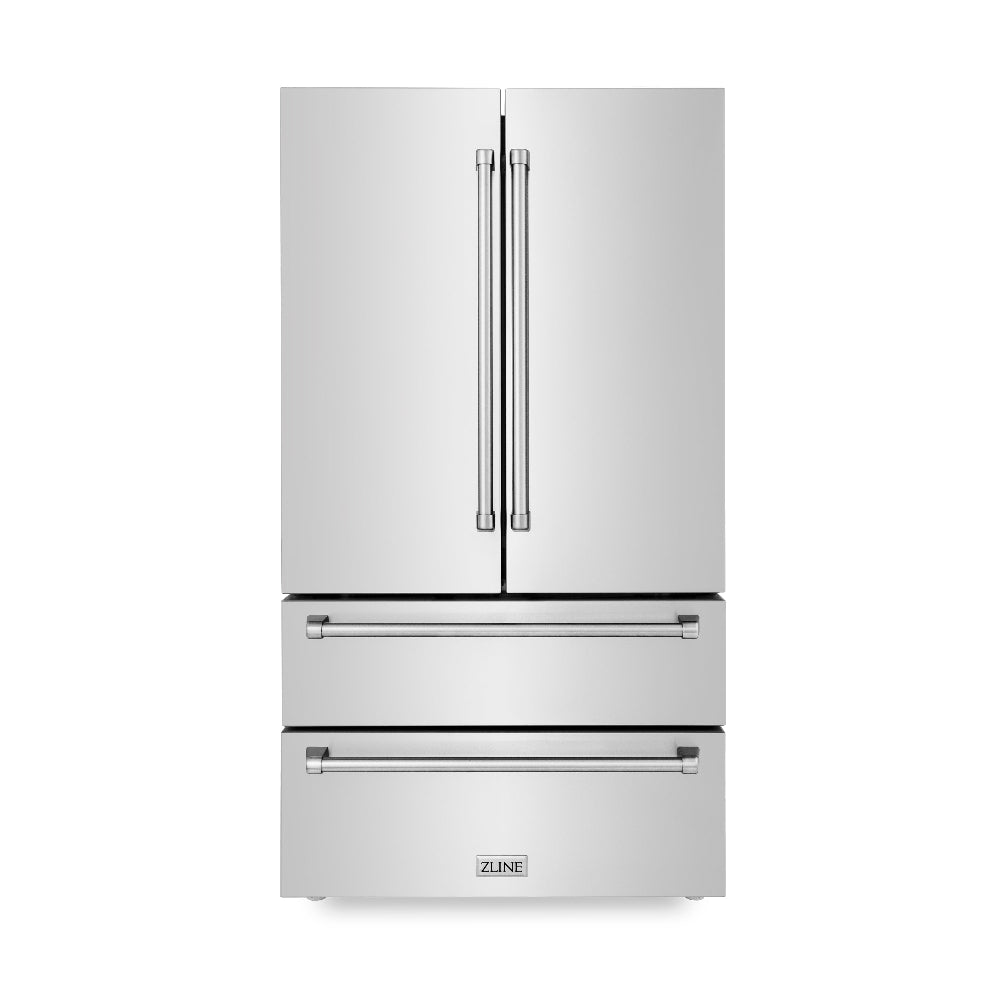 ZLINE Kitchen Package with 36 in. French Door Refrigerator, 36 in. Dual Fuel Range, 36 in. Range Hood, 24 in. Microwave Drawer, 24 in. Tall Tub Dishwasher and 24 in. Beverage Fridge in Stainless Steel (6KPR-RARH36-MWDWV-RBV)