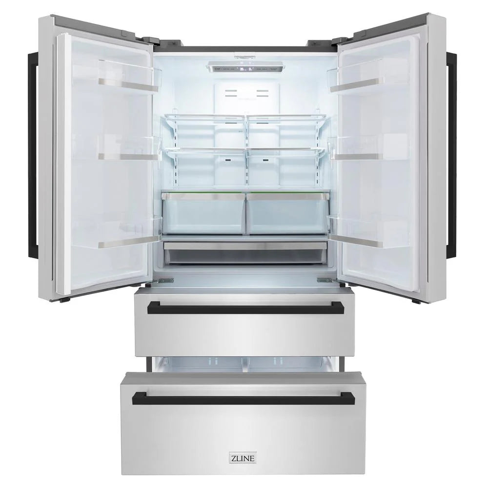 ZLINE Autograph Edition 36 in. 22.5 cu. ft. Counter-Depth French Door Refrigerator with Ice Maker in Fingerprint-Resistant Stainless Steel with Matte Black Modern Handles (RFMZ-36-FMB)