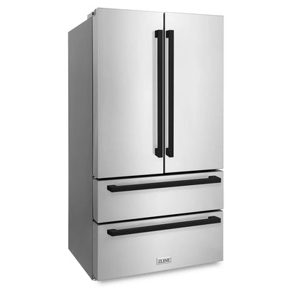 ZLINE Autograph Edition 36 in. 22.5 cu. ft. Counter-Depth French Door Refrigerator with Ice Maker in Fingerprint-Resistant Stainless Steel with Matte Black Modern Handles (RFMZ-36-FMB)