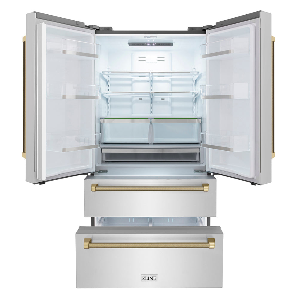 ZLINE Autograph Edition 36 in. 22.5 cu. ft. Counter-Depth French Door Refrigerator with Ice Maker in Fingerprint-Resistant Stainless Steel and Champagne Bronze Helix Handles (RFMZ-36-KCB)