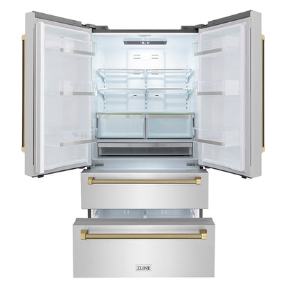 ZLINE Autograph Edition 36 in. 22.5 cu. ft. Counter-Depth French Door Refrigerator with Ice Maker in Fingerprint-Resistant Stainless Steel and Champagne Bronze Helix Handles (RFMZ-36-KCB)