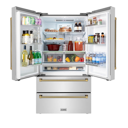 ZLINE Autograph Edition 36 in. 22.5 cu. ft. Counter-Depth French Door Refrigerator with Ice Maker in Fingerprint-Resistant Stainless Steel and Polished Gold Helix Handles (RFMZ-36-KG)