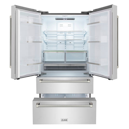 ZLINE Autograph Edition 36 in. 22.5 cu. ft. Counter-Depth French Door Refrigerator with Ice Maker in Fingerprint-Resistant Stainless Steel and Polished Nickel Helix Handles (RFMZ-36-KPN)