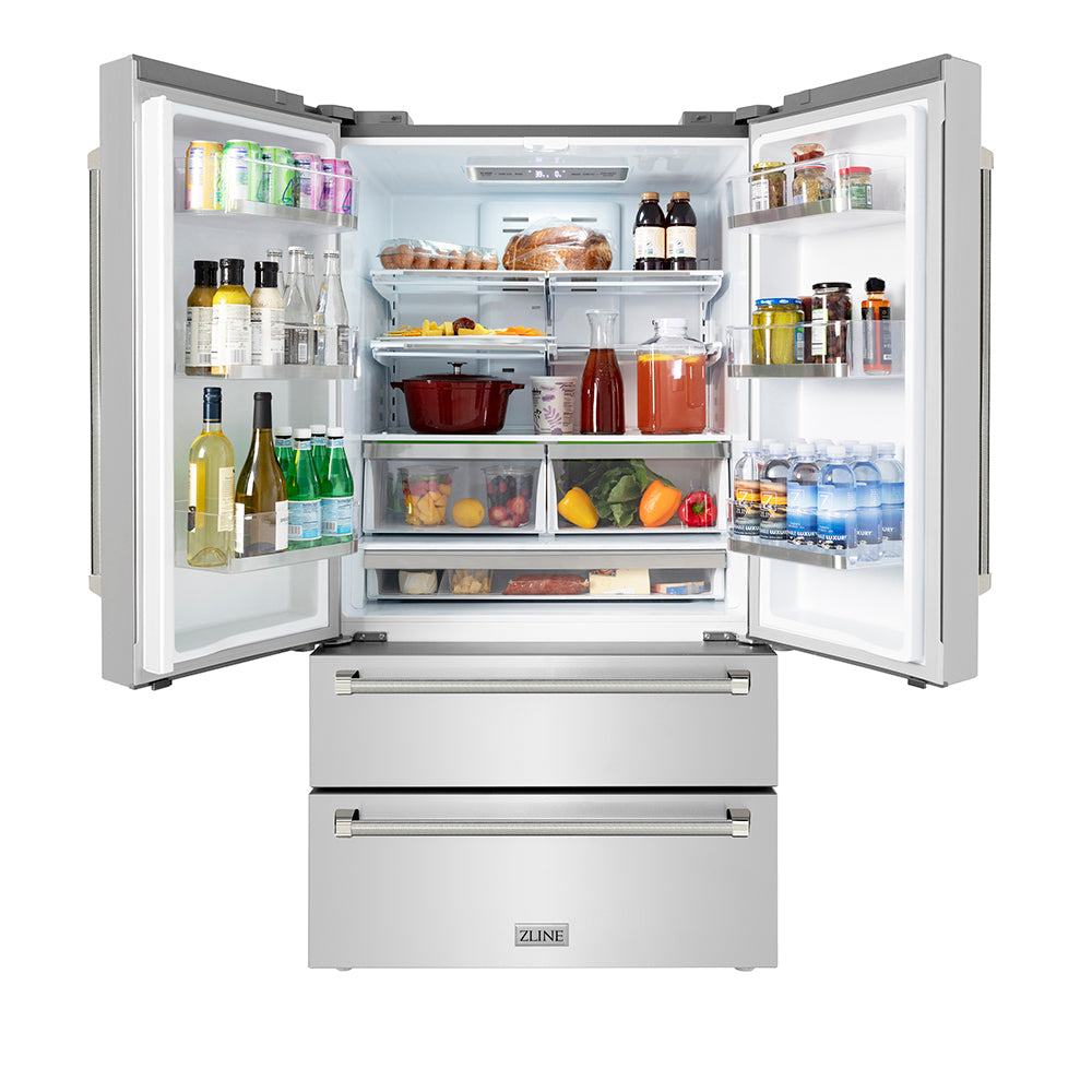 ZLINE Autograph Edition 36 in. 22.5 cu. ft. Counter-Depth French Door Refrigerator with Ice Maker in Fingerprint-Resistant Stainless Steel and Polished Nickel Helix Handles (RFMZ-36-KPN)