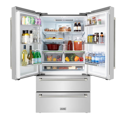 ZLINE Autograph Edition 36 in. 22.5 cu. ft. Counter-Depth French Door Refrigerator with Ice Maker in Fingerprint-Resistant Stainless Steel and Polished Nickel Helix Handles (RFMZ-36-KPN)