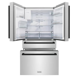 ZLINE Autograph Edition 36 in. 21.6 cu. ft. Counter-Depth French Door Refrigerator with Water and Ice Dispenser in Fingerprint-Resistant Stainless Steel with Matte Black Modern Handles (RFMZ-W-36-FMB)