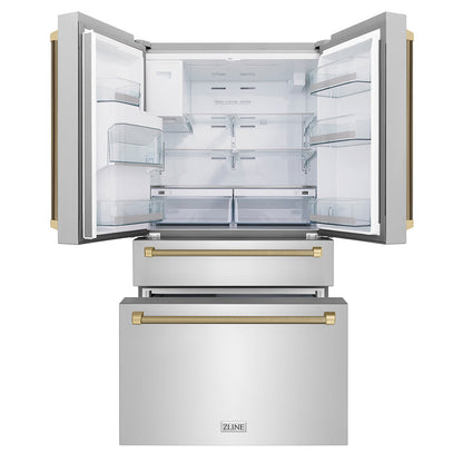 ZLINE Autograph Edition 36 in. 21.6 cu. ft. Counter-Depth French Door Refrigerator with Water and Ice Dispenser in Fingerprint-Resistant Stainless Steel with Champagne Bronze Helix Handles (RFMZ-W-36-KCB)
