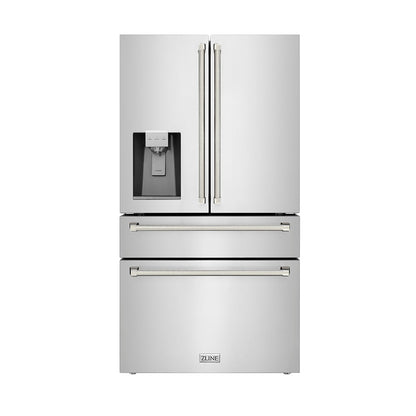 ZLINE Autograph Edition 36 in. 21.6 cu. ft. Counter-Depth French Door Refrigerator with Water and Ice Dispenser in Fingerprint-Resistant Stainless Steel with Polished Nickel Helix Handles (RFMZ-W-36-KPN)