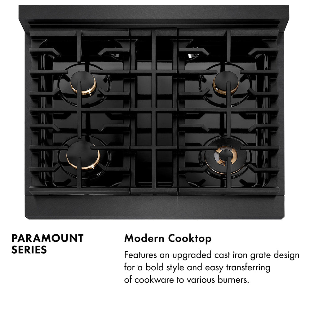 ZLINE Designer Collection 30 in. 4.2 cu. ft. Paramount Gas Range with 4 Burner Cooktop and Convection Gas Oven in Black Satin Stainless Steel with Matte Black and Champagne Bronze Accents (SGRBSZ-30-MBCB)
