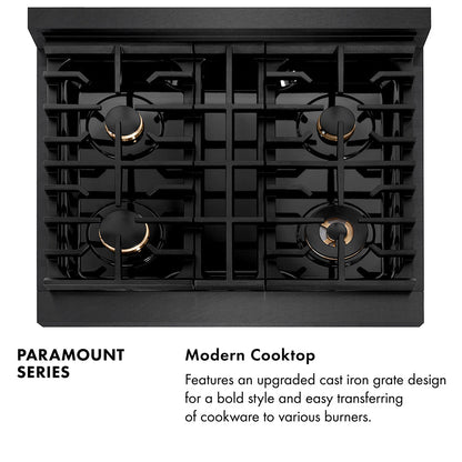 ZLINE Designer Collection 30 in. 4.2 cu. ft. Paramount Gas Range with 4 Burner Cooktop and Convection Gas Oven in Black Satin Stainless Steel with Matte Black and Champagne Bronze Accents (SGRBSZ-30-MBCB)