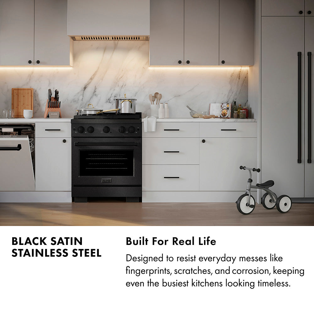 ZLINE Autograph Edition 30 in. 4.2 cu. ft. Paramount Dual Fuel Range with 4 Burner DuoPro™ Cooktop and Electric Convection Oven in Black Satin Stainless Steel and Champagne Bronze Accents (PSDRBSZ-30-CB)