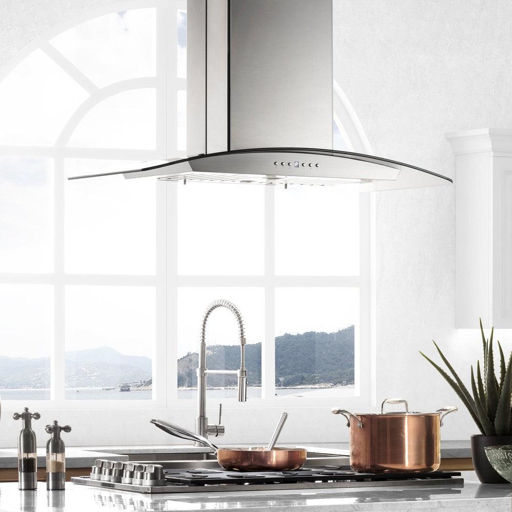 ZLINE 30 in. CrownSound™ Ducted Vent Island Mount Range Hood in Stainless Steel and Glass with Built-in Bluetooth Speakers (GL5iCRN-BT-30)
