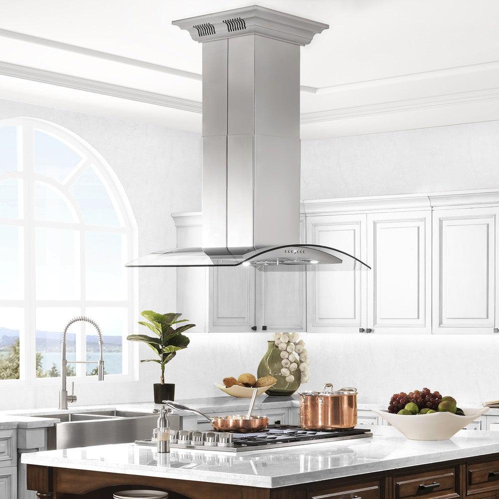 ZLINE 36 in. CrownSound™ Ducted Vent Island Mount Range Hood in Stainless Steel and Glass with Built-in Bluetooth Speakers (GL5iCRN-BT-36)