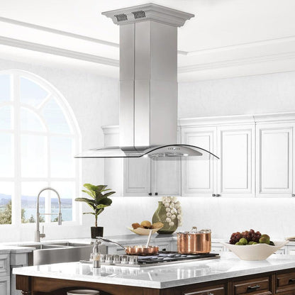 ZLINE 36 in. CrownSound™ Ducted Vent Island Mount Range Hood in Stainless Steel and Glass with Built-in Bluetooth Speakers (GL5iCRN-BT-36)