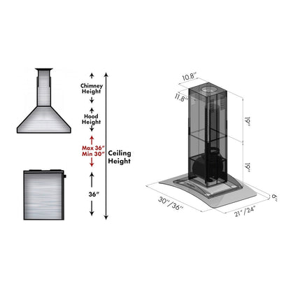 ZLINE 36 in. Convertible Vent Island Mount Range Hood in Stainless Steel and Glass (GL9i-36)