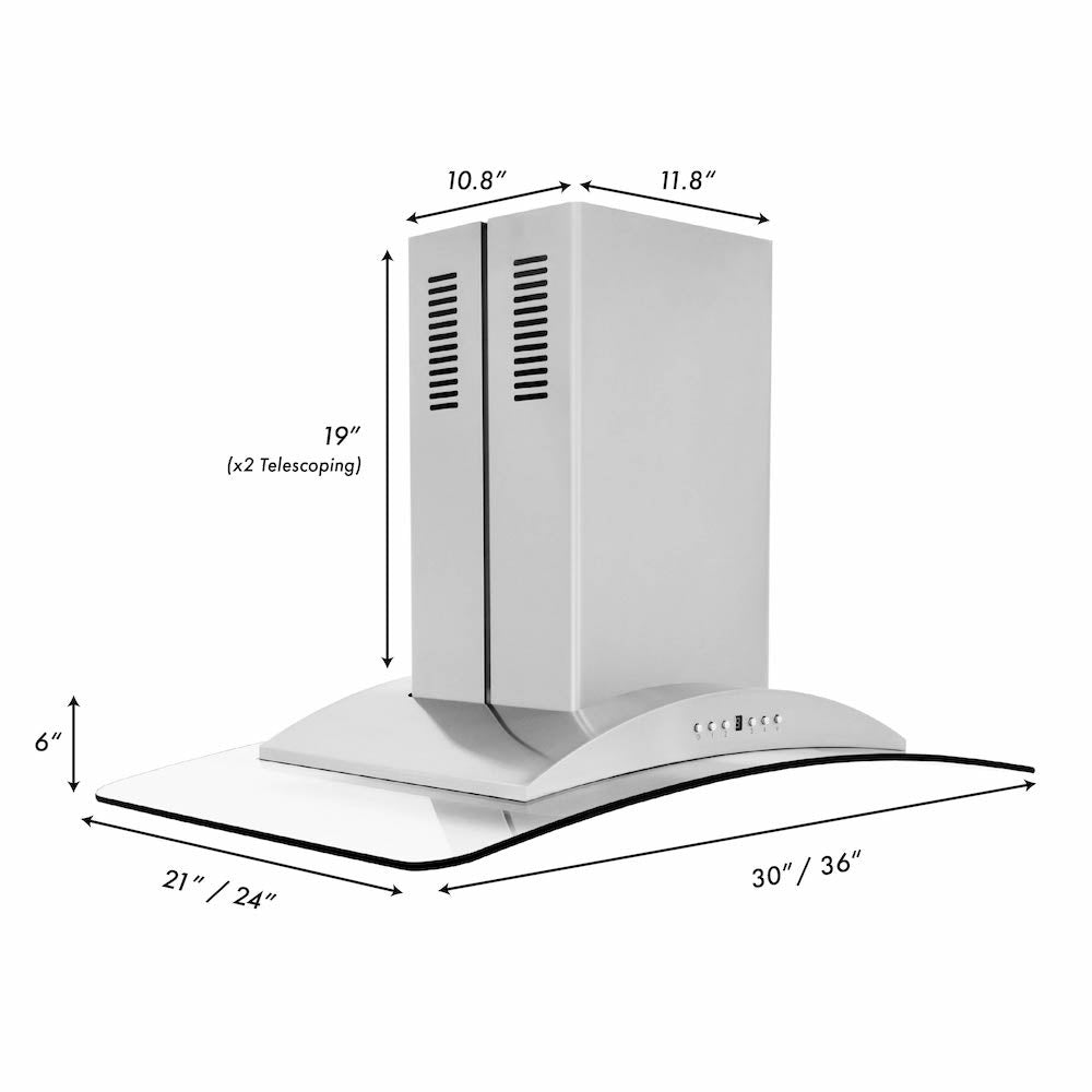 ZLINE 36 in. Convertible Vent Island Mount Range Hood in Stainless Steel and Glass (GL9i-36)