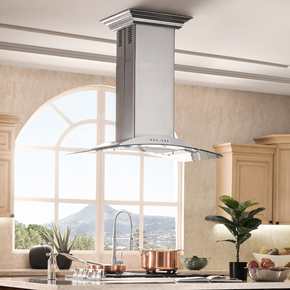 ZLINE 36 in. Convertible Vent Island Mount Range Hood in Stainless Steel and Glass (GL9i-36)