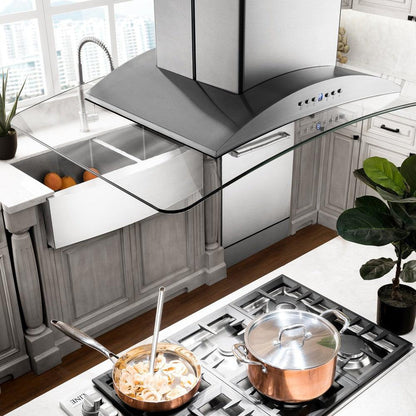 ZLINE 36 in. CrownSound™ Ducted Vent Island Mount Range Hood in Stainless Steel and Glass with Built-in Bluetooth Speakers (GL9iCRN-BT-36)