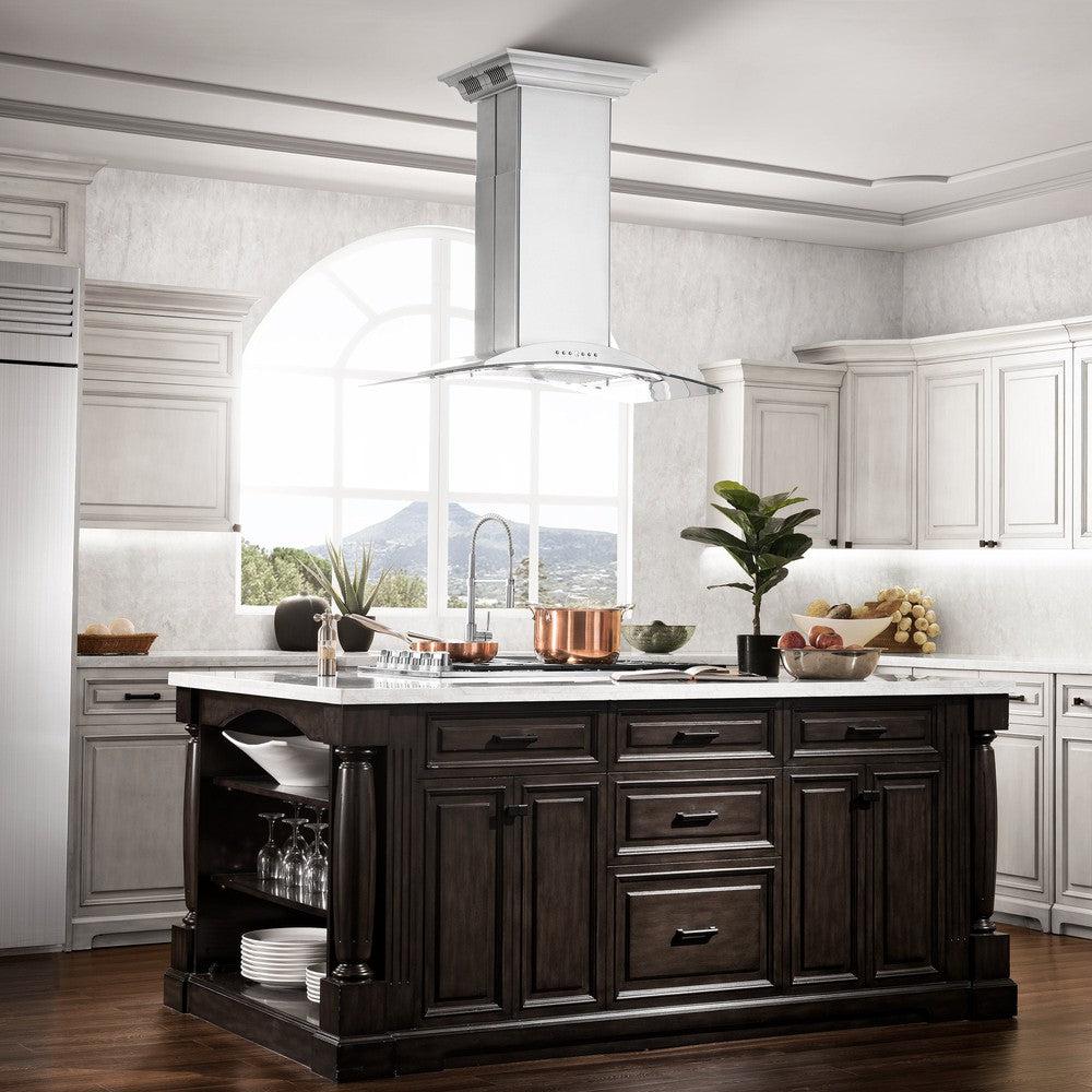 ZLINE 36 in. CrownSound™ Ducted Vent Island Mount Range Hood in Stainless Steel and Glass with Built-in Bluetooth Speakers (GL9iCRN-BT-36)