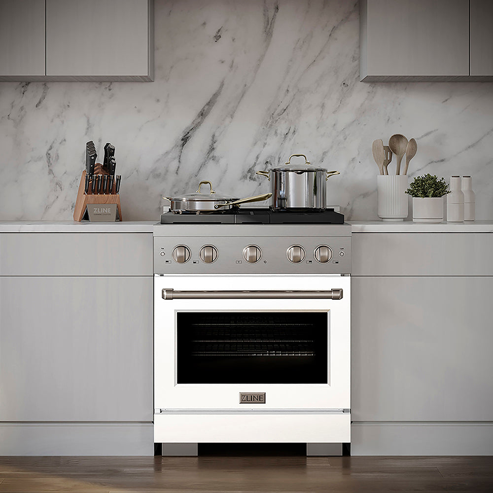 ZLINE 30 in. 4.2 cu. ft. Paramount Gas Range with 4 Burner DuoPro™ Cooktop and Convection Gas Oven with White Matte Door (PSGR-WM-30)