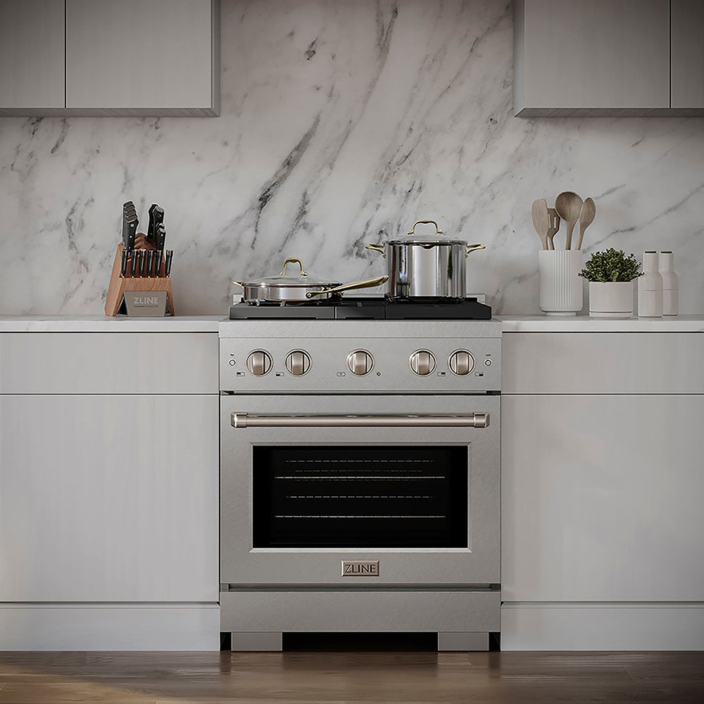 ZLINE 30 in. 4.2 cu. ft. Paramount Gas Range with 4 Burner DuoPro™ Cooktop and Convection Gas Oven in Satin Stainless Steel (PSGRS-30)