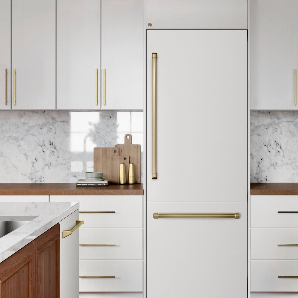 ZLINE Autograph Edition 30 in. 16.1 cu. ft. Built-In Bottom Freezer Refrigerator with Water Dispenser and Ice Maker in White Matte with Graphite Gray Interior and Champagne Bronze Accents (GRBIVZ-WM-30-CB)