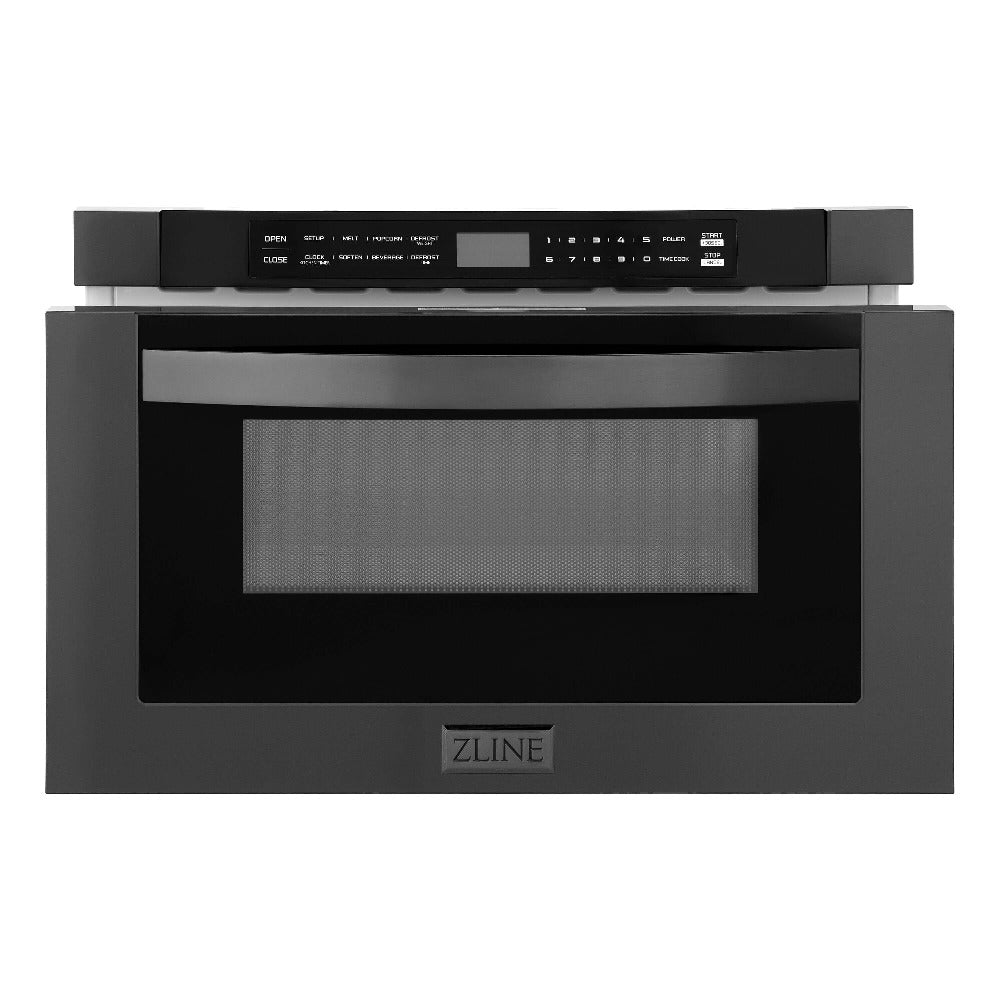 ZLINE Kitchen Package with Black Stainless Steel Refrigerator, 48 in. Dual Fuel Range, 48 in. Range Hood, Microwave Drawer, and 24 in. Tall Tub Dishwasher (5KPR-RABRH48-MWDWV)