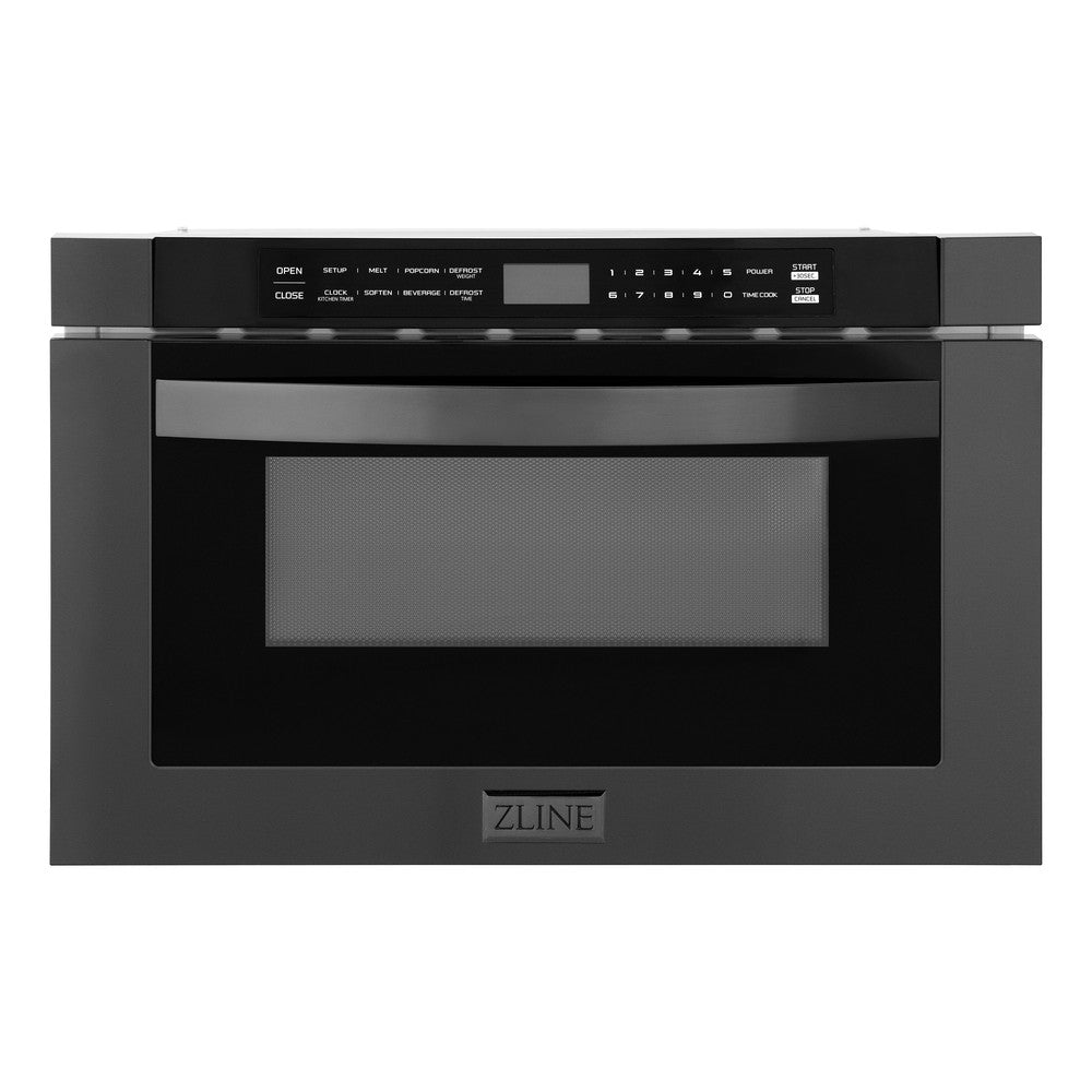 ZLINE Kitchen Package with Black Stainless Steel Refrigerator, 30 in. Dual Fuel Range, 30 in. Range Hood, Microwave Drawer, and 24 in. Tall Tub Dishwasher (5KPR-RABRH-MWDWV)