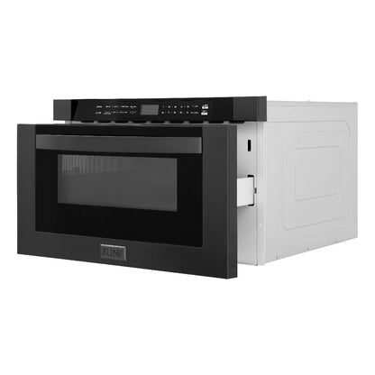 ZLINE Kitchen Package with Black Stainless Steel Refrigerator, 48 in. Dual Fuel Range, 48 in. Range Hood, Microwave Drawer, and 24 in. Tall Tub Dishwasher (5KPR-RABRH48-MWDWV)