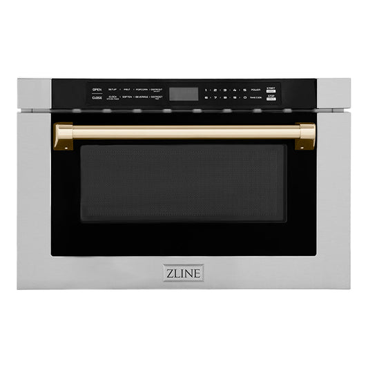 ZLINE Autograph Edition 24 in. 1.2 cu. ft. Built-in Microwave Drawer with a Traditional Handle in Stainless Steel and Polished Gold Accents (MWDZ-1-H-G)