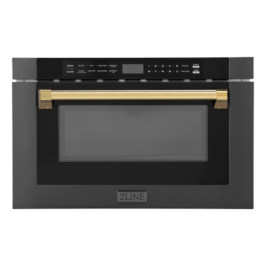 ZLINE Autograph Edition 24" 1.2 cu. ft. Built-in Microwave Drawer in Black Stainless Steel and Polished Gold  Accents (MWDZ-1-BS-H-G)